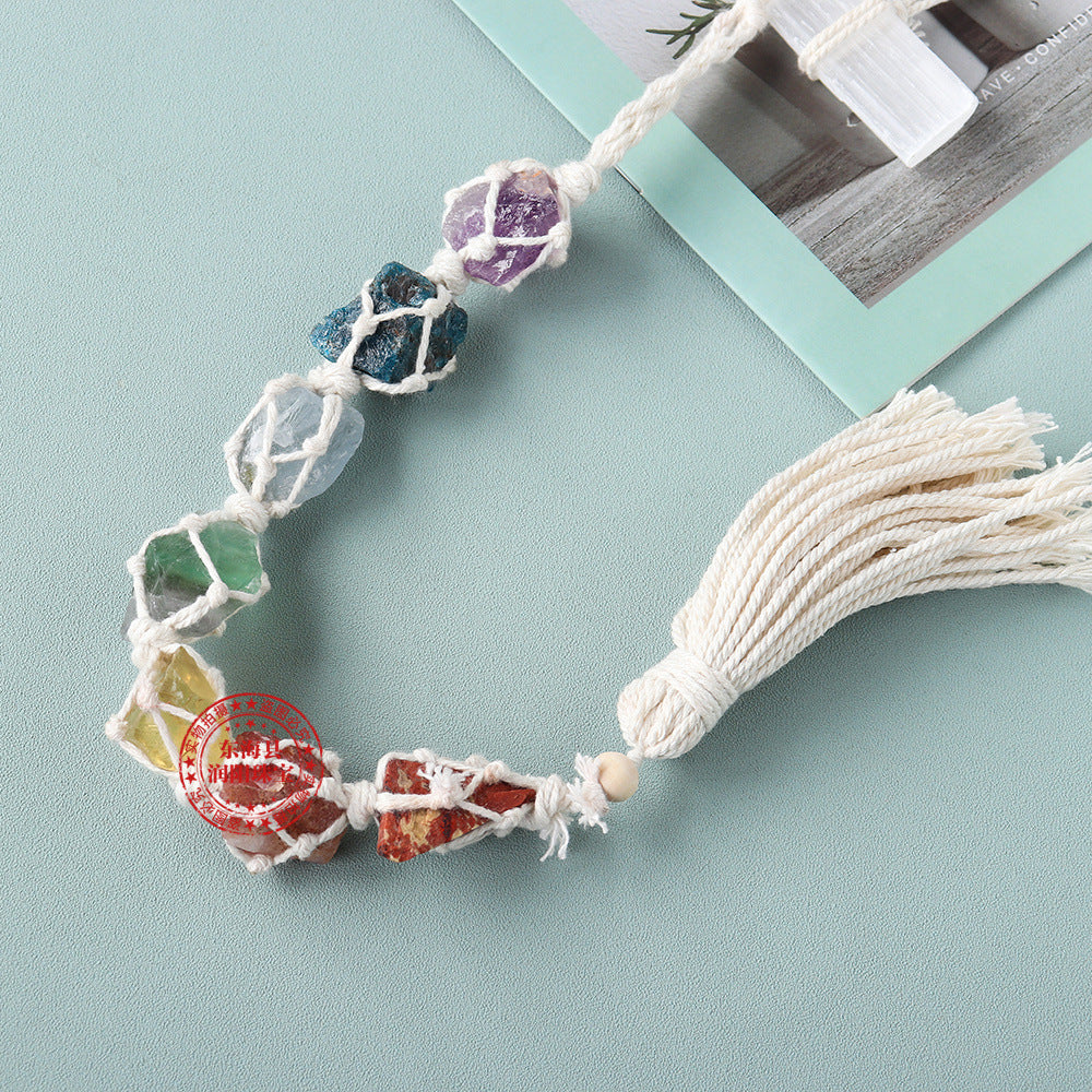 7 Chakra Raw Stone Woven Hanging Mesh with Selenite