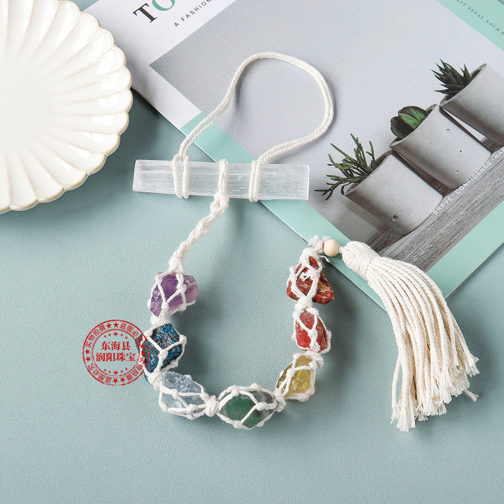 7 Chakra Raw Stone Woven Hanging Mesh with Selenite
