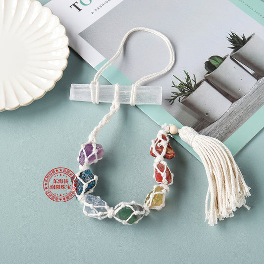 7 Chakra Raw Stone Woven Hanging Mesh with Selenite