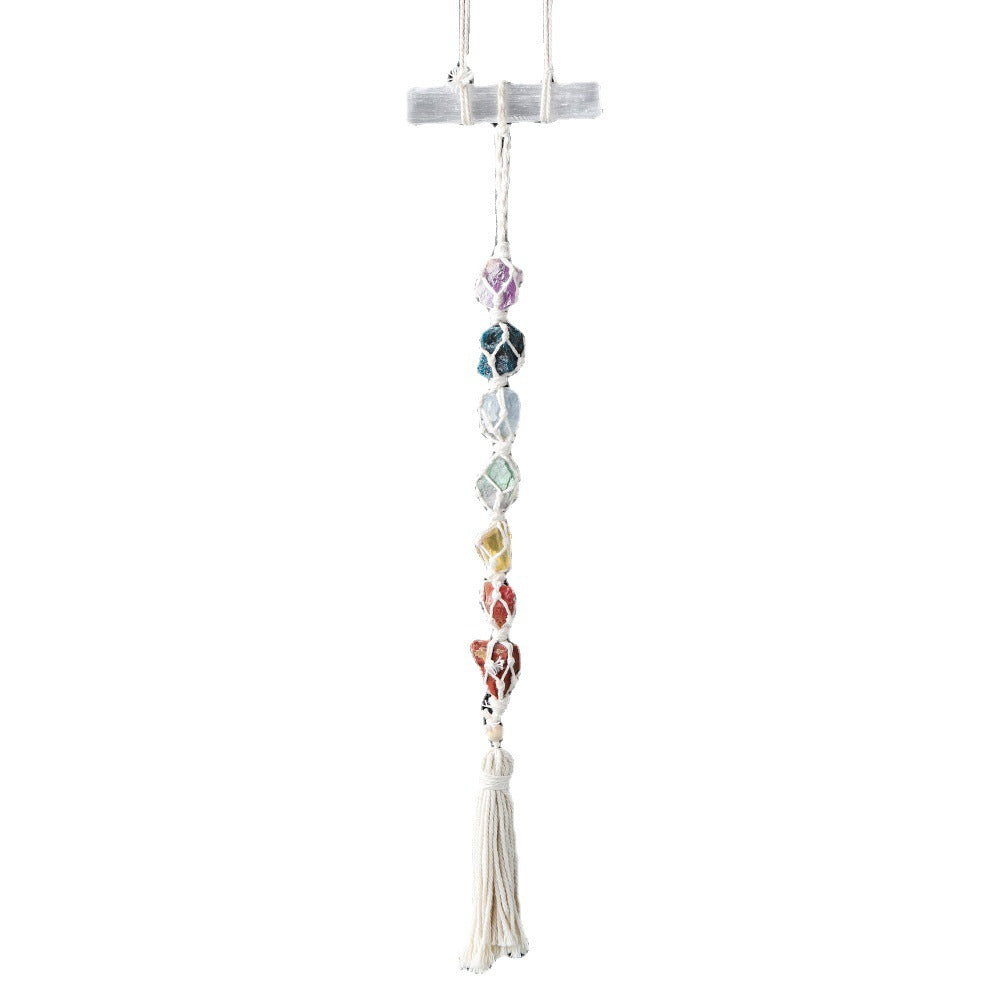 7 Chakra Raw Stone Woven Hanging Mesh with Selenite
