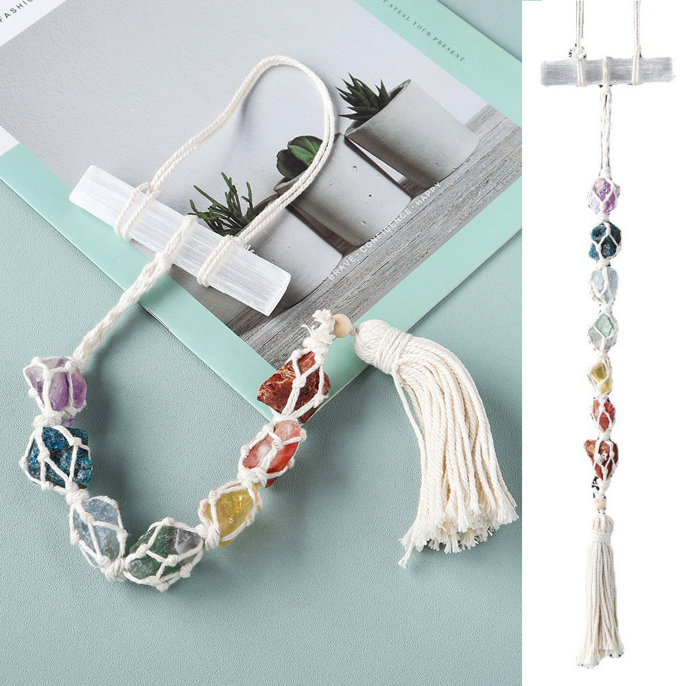 7 Chakra Raw Stone Woven Hanging Mesh with Selenite