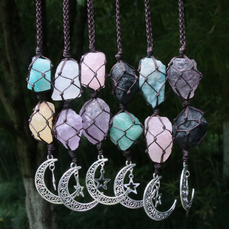 Hanging Silver Moon and Star With Natural Stones