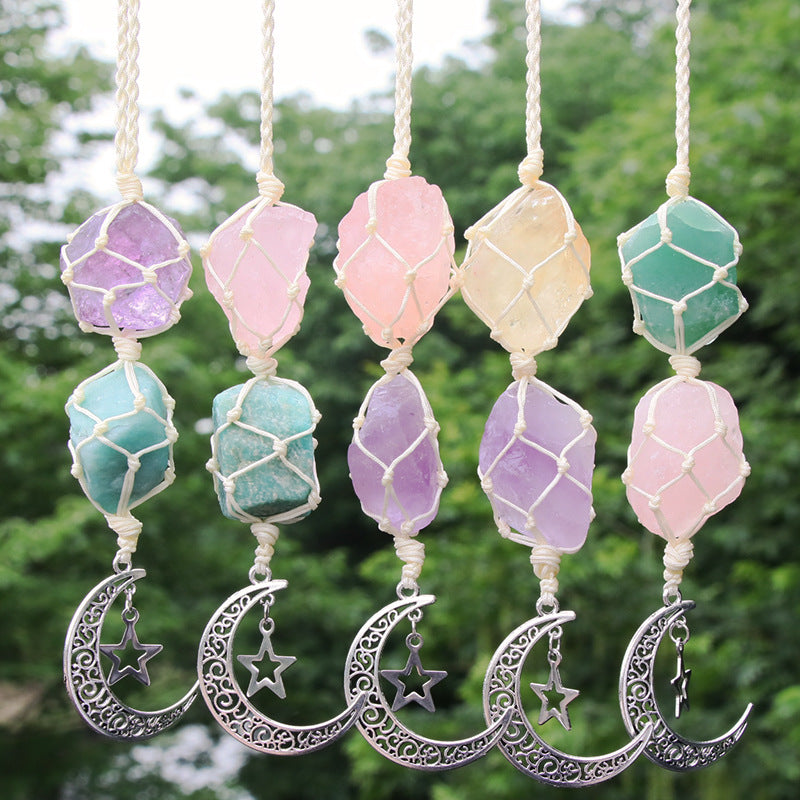 Hanging Silver Moon and Star With Natural Stones