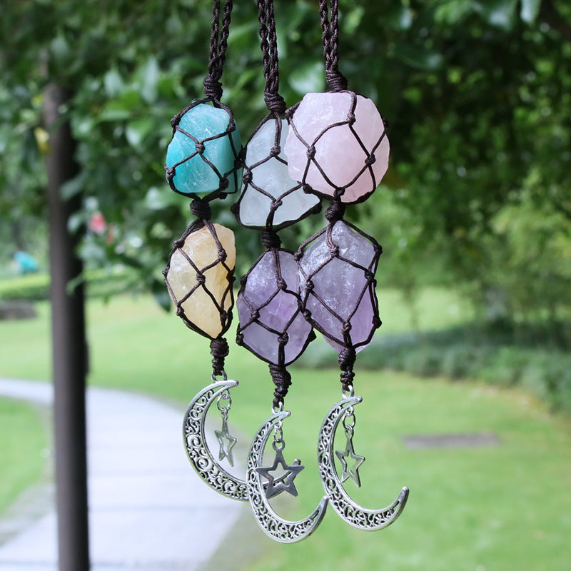 Hanging Silver Moon and Star With Natural Stones