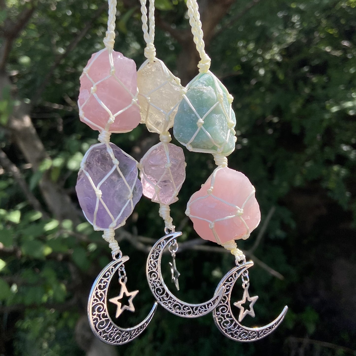 Hanging Silver Moon and Star With Natural Stones